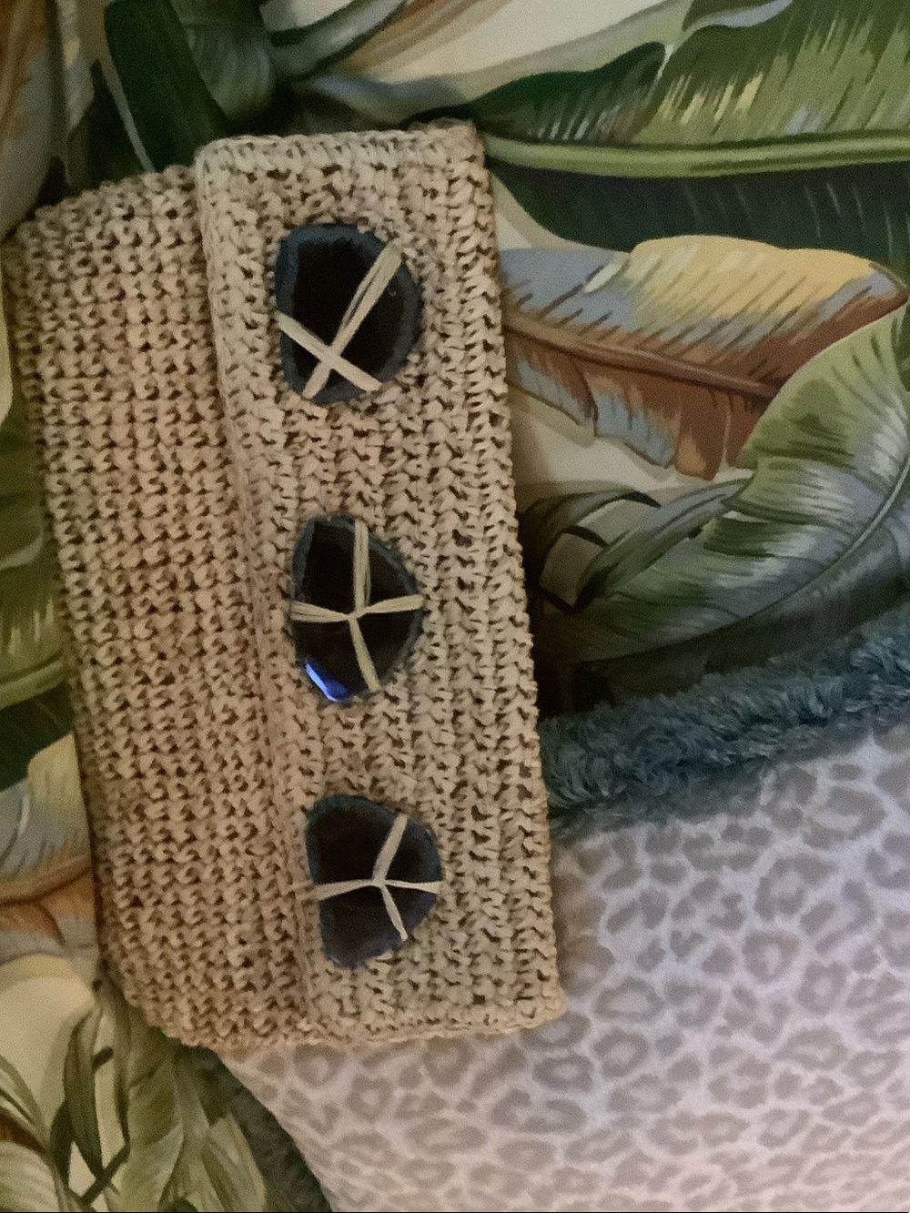 Tommy Bahama teal agate stone straw clutch